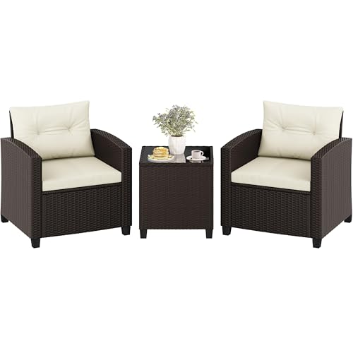 Yaheetech 3-Pieces Wicker Patio Bistro Sofa Set, Outdoor Rattan Coffee Table & 2 Chairs with Cushions & Pillows for Deck, Balcony, Porch, Brown & Beige