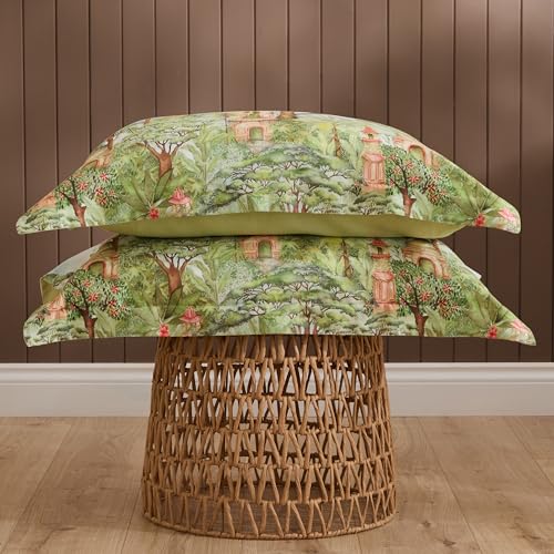 Voyage Maison Eden Ruins Pillowcase Pair – 100% Cotton Tropical Floral Design (Green)