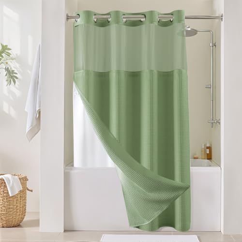 River Dream Sage Green Fabric Shower Curtain Set, Cotton Blend, Waffle Weave, with Snap in Replacement Liner???54 x 80 inches