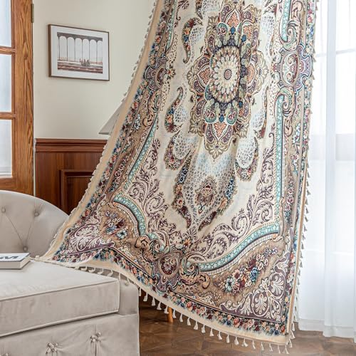 Erbnaryx Popular Handicrafts Printed Curtains for Living Room 63 Inches Long Indian Hippie Bohemian Curtains Rod Pocket Light Filtering 2 Panels, Beige
