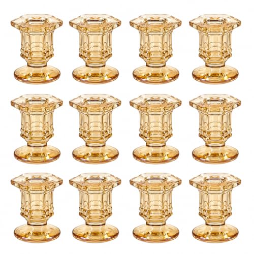 Lanttu Glass Candle Holders Set, 12 Pcs Amber Candlestick Holders Bulk, Taper Candle Holders for Wedding, Festival Table Centerpiece,Home Decoration