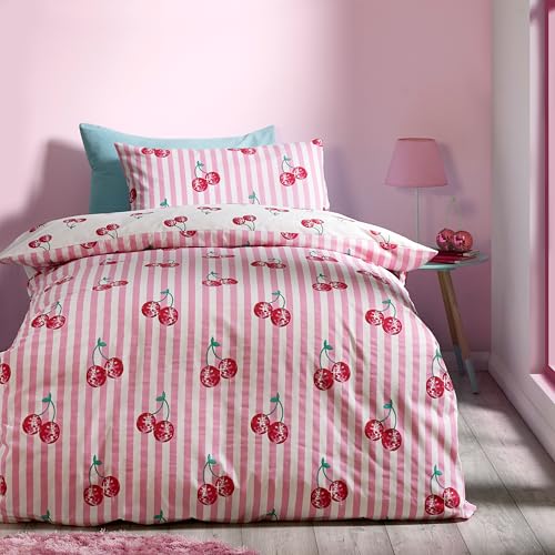 Catherine Lansfield Disco Cherries Stripes Reversible Single Duvet Cover Set with Pillowcase Pink