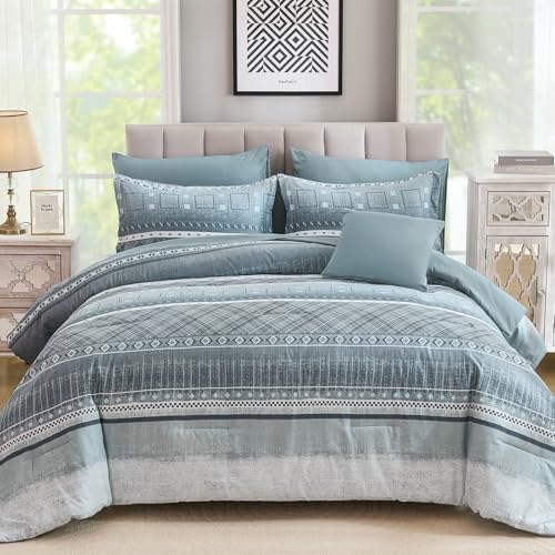 "WONGS BEDDING 8 Piece Queen Size Comforter Set, Blue Striped Bed in a Bag Comforter and Sheet Set, Boho Lightweight Microfiber Bedding Set for All Season (90""??90"")"