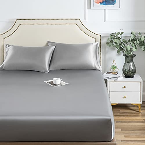 Satin Fitted Sheet, King Fitted Sheet Only, 1 - Piece Ultra Soft Deep Pocket Single Silk Bottom Bed Sheet King - Light Gray