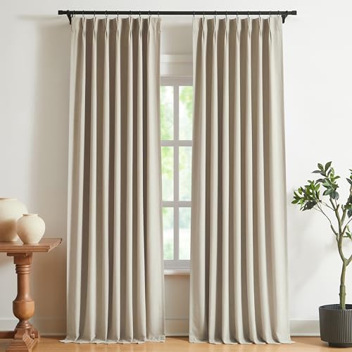 "Vision Home Sand Pinch Pleated Full Blackout Curtains Linen Blended Room Darkening Window Curtains 95 inch for Living Room Bedroom Thermal Insulated Pinch Pleat Drapes with Hooks 2 Panel 40"" Wx95 L"
