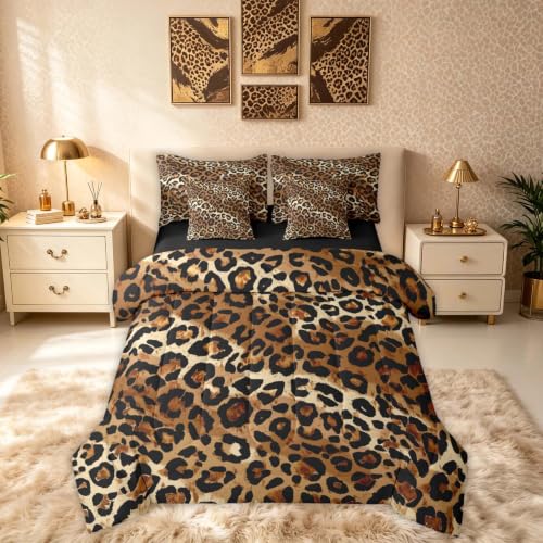 Feelyou Brown Leopard Comforter Set Queen Size 7 Pieces Cheetah Leopard Animal Bedding Set Kids Adult Wild Safari Pattern Bed in a Bag with Comforter, Sheets, Pillowcases, Cushion Covers Room Decor