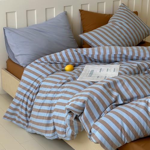 Striped Duvet Cover Set King, 3 Pieces Retro Blue Brown Stripes Pattern Printed Bedding Set, 100% Cotton Breathable Comforter Cover with 2 Pillowcases, Farmhouse Striped Cotton Duvet Cover King