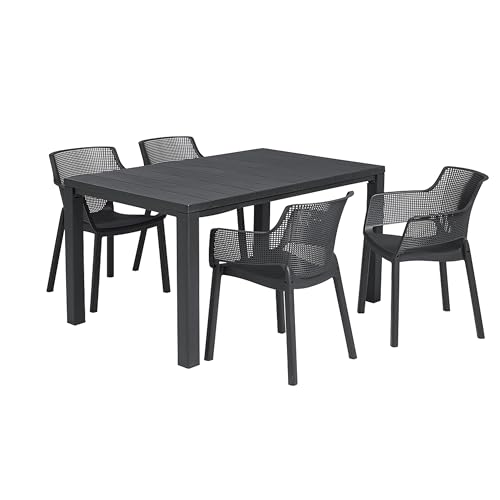 Keter Julie 6 Seater Outdoor Dining Table & 6 Elisa Chairs Set – Graphite - Wood-Effect Weatherproof Garden Furniture - Durable, Low-Maintenance & Stackable Chairs