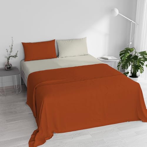 Double Bed Sheet Set, 100% Natural Cotton, Made in Italy – Complete Bed Set, Fitted Sheet, Top Sheet 240 x 300 cm and Pillowcases with Internal Flap, Earth/Cream