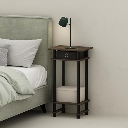 Furinno TURN-N-TUBE Night Stand, 3-Tier Open Shelf Design Nightstand with Storage Bin, Tall Narrow Bedside Table, End Table, Side Table, Toolless Assembly, for Bedroom, Living Room, Columbia Walnut