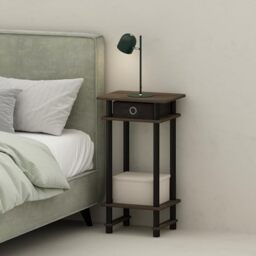 Furinno TURN-N-TUBE Night Stand, 3-Tier Open Shelf Design Nightstand with Storage Bin, Tall Narrow Bedside Table, End Table, Side Table, Toolless Assembly, for Bedroom, Living Room, Columbia Walnut