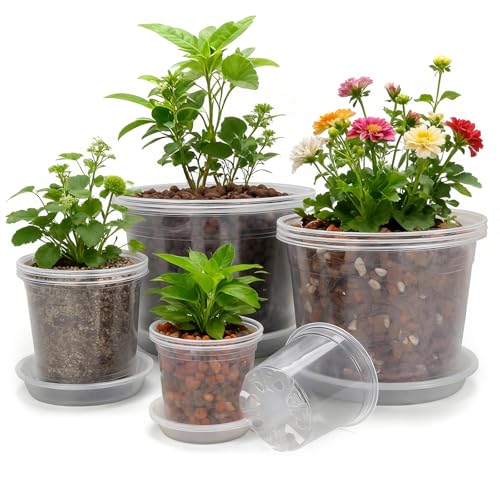 GUGEMEI 10/8/6/4 Inch Clear Nursery Pots with Drainage Holes and Saucers, 12 Pack Clear Pots for Plants Variety Pack, Seedling Pots for Succulents, Herbs, Flowers, Vegetables