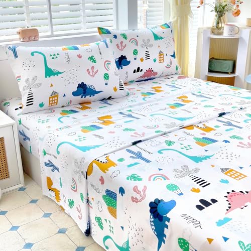 Homilay Full Sheet Set Kids - Dinosaur 4 Pieces Soft Microfiber Cartoon Style Bedsheets for Boys Girls Teens, Oeko TEX Breathable 15 Inch Deep Pocket Sheets(Jurassic Period)