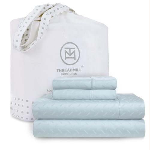 "Threadmill 300 Thread Count Cotton Twin Sheet Set, Sateen, Jacquard, Blue - 100% Cotton, Sateen Weave, Jacquard Pattern, 3-Piece Set, 16"" Deep Pocket, Cooling, Breathable, OEKO-TEX Certified"