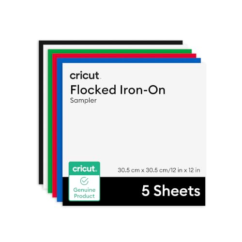 Cricut Heat Transfer Vinyl Sampler, Flocked, 30.5 x 30.5cm, HTV Heat Transfer Vinyl, Iron-On Vinyl for Fabric & T-Shirts - Pack of 5 Sheets