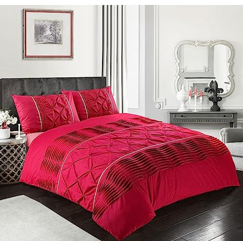 Homespace Direct Eleanor Lux Pin Tuck Duvet Cover Set Red Double Gold Laced