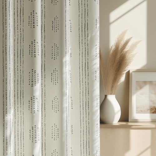 ugoutry 100% Grey Boho Blackout Curtains 84 Inch Farmhouse Grommet 2 Panels - Geometric Striped Patterned, Farmhouse Drapes, Grey on Beige, Thermal Insulated, Room Darkening, for Living Room, Grommet