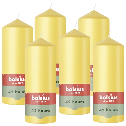 Bolsius - Pillar Candle - Yellow - 15cm - 6 Pieces - Burning time 42 Hours - Natural Vegetable Wax - Palm Oil Free.