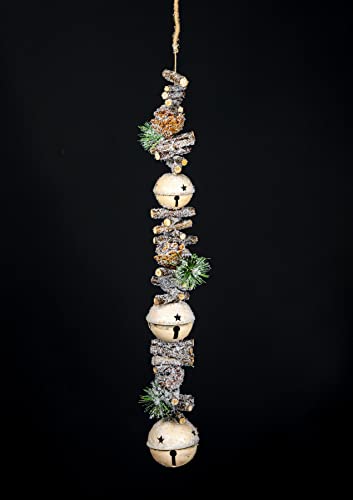 SHATCHI 90cm Garland with Cream Jingle Bells Wooden Sticks, Berries and Pinecones Christmas Home Wall Door Hanger Sleigh Bells Xmas Holiday Hanging Decorations