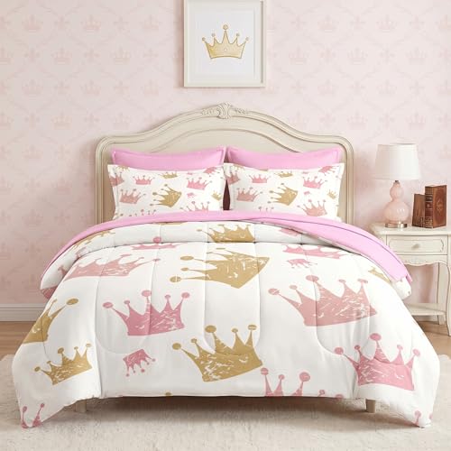 Pamnest King Comforter Set with Sheets, 7 Pieces Cute Kids Bedding - Bed in A Bag for All Season, Crown Pink Princess Girls for Kids and Adults, 2 Pillowcases & 2 Shams