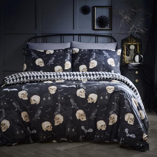 Fusion Gothic Skulls Halloween Duvet Cover Set King 230 x 220cm – Grey Polycotton Easy Care Bedding with Skull Print, Includes 2 Pillowcases