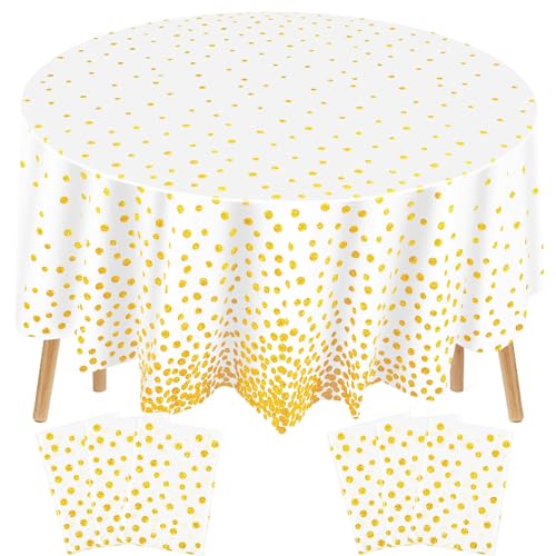 Newwiee 6 Pcs Round Dot Tablecloth 84 Inch Plastic Table Cover Birthday Confetti Tablecloths for Wedding Bridal Shower Retirement Summer Party Decor (White and Gold Dots)