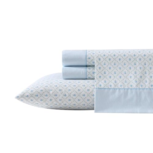 Laura Ashley - Sheet Set, Breathable Percale Cotton Bedding, 200 Thread Count, Deep Pocket, Chic Home Decor (Kate Blue, King)
