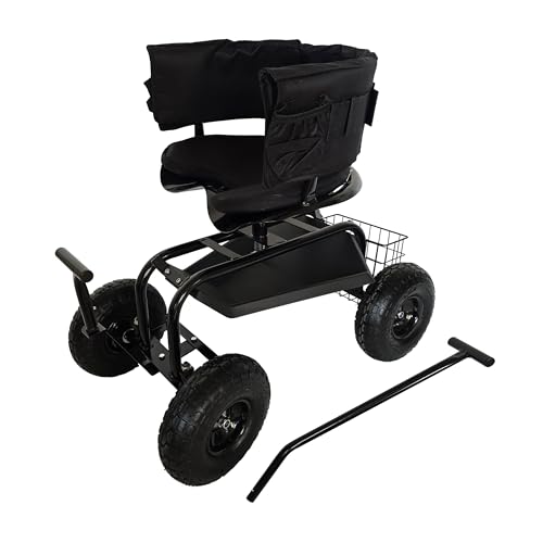 Relaxdays rolling garden seat, height-adjustable, max. 150 kg, storage, handles, seat cushion, backrest, black