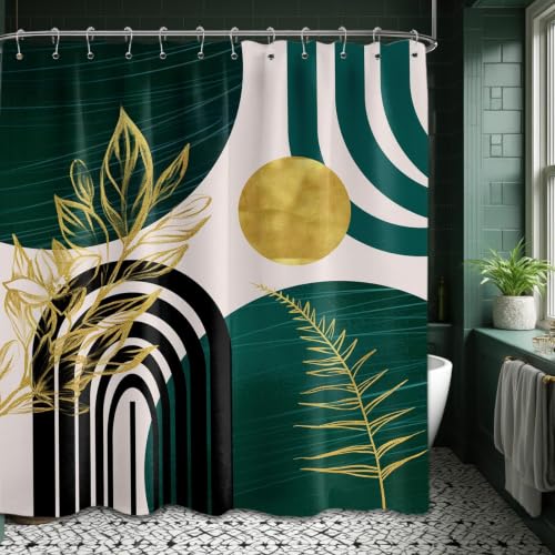 QGHOT Emerald Green and Gold Shower Curtain, 72x72 in, Mid Century Modern - Dark Green and Black Theme, Boho Pattern Design, Abstract MCM Bathroom Decor, Waterproof Polyester Fabric, with Hooks
