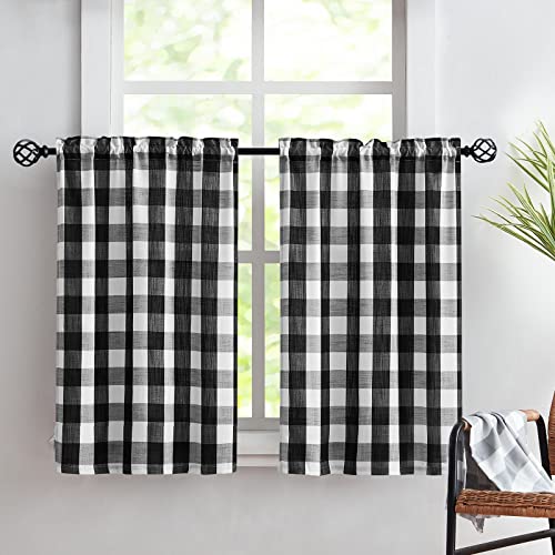 "Treatmentex White-Black Check Kitchen Curtains 36inch Length Buffalo Plaid Tier Curtain Set for Bathroom Caf?? Curtain Set for Basement Laundry Room 27"" Width x 2 Panels"