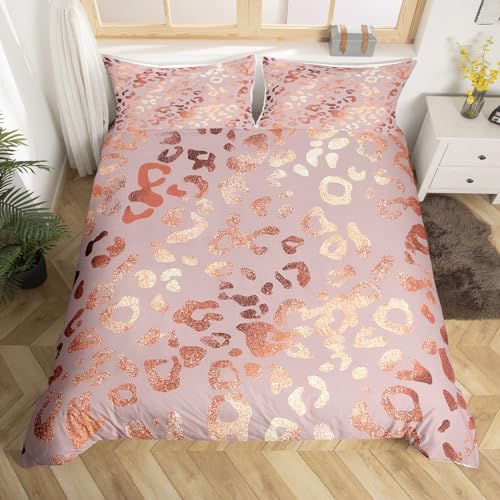 Pink Leopard Printed Duvet Cover,Kids Pink Glitter Bedding Set,Cheetah Printed Comforter Cover for Boys Girls Room Decor,Wild Animal Skin Bedspread Cover Twin Size with 1 Pillow Case(No Comforter)