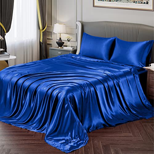 Vonty Satin Full Royal Blue Sheets, Fitted + Flat + 2 Pillowcases - Silky Satin Protects Hair, Reduces Facial Wrinkles, Deep Pocket Up To 15 Inch, Machine Washable, Year-Round Comfort
