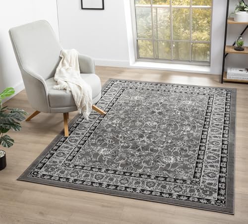Obsidian Modern Low Pile Area Rug - Polypropylene Weaving - Jute Backing - Floral Traditional Abstract Designs Rugs, Grey, 120x170 cm