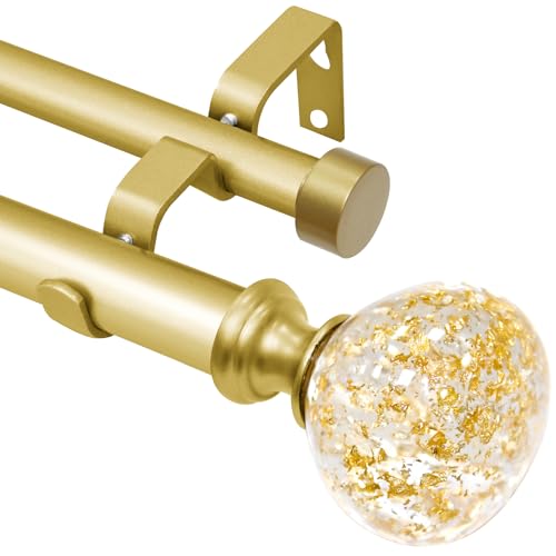 Gold Double Curtain Rod for Windows 48 to 84 Inch: Double Window Treatment Curtain Rod Heavy Duty Adjustable from 48 to 84 Inch - Gold Foil Resin Finials and Double Curtain Rod