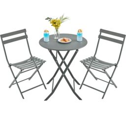 Yaheetech 3-Piece Folding Bistro Set, Outdoor Bistro Table and Chairs Set, Space-Saving Garden Furniture for Balcony Yard, Grey