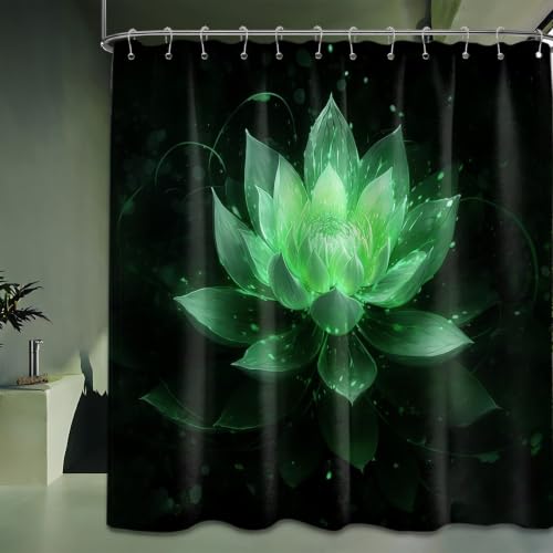 QGHOT Black and Green Shower Curtain, 72x72 in, Lotus Flower - Mint Emerald Theme, Decorative Pattern Design, Unique Bathroom Decor, Waterproof Polyester Fabric, with Hooks