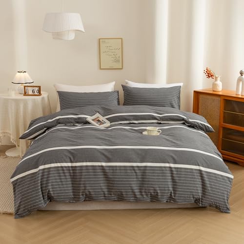 ECOCOTT 3 Pieces Duvet Cover Set King 100% Washed Cotton 1 Duvet Cover with Zipper and 2 Pillowcases, Ultra Soft and Easy Care Breathable Cozy Simple Style Bedding Set(Grey Stripes)