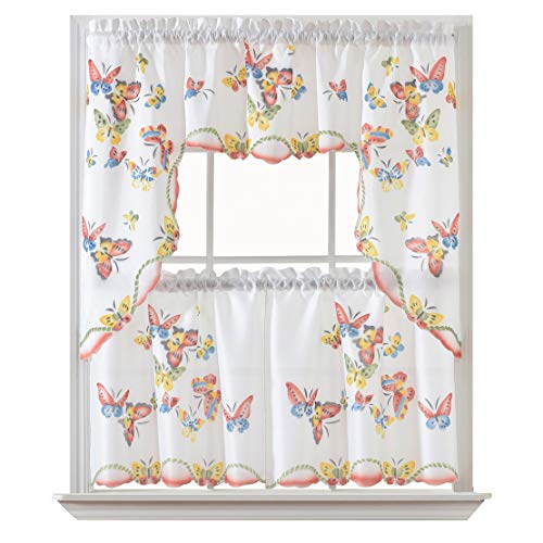 "GOHD - 3pcs Kitchen Curtain/Cafe Curtain Set, Air-brushed Hand Flying Butterfly Design. SWAG & 24"" TIERS SET."