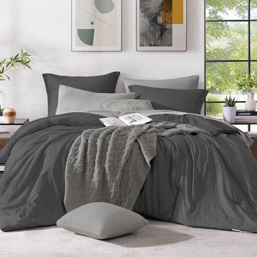 Monbix King Size Comforter Set 7 Pieces Dark Grey Bed in a Bag - Cationic Dyeing Reversible All Season Bedding Sets with Comforter, Sheets, Pillowcases & Shams
