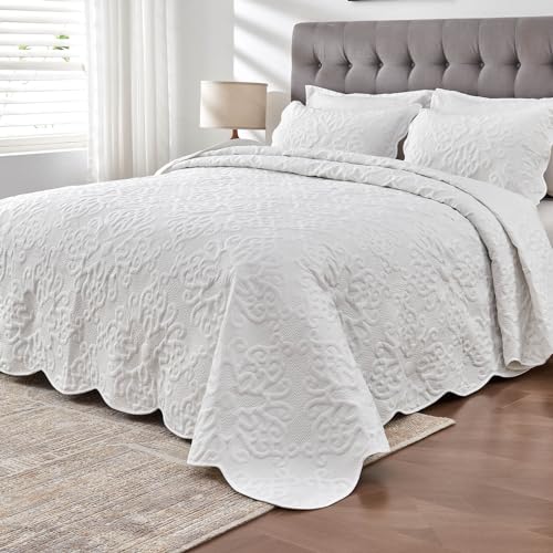 Kingnex 106x96 King Size Bedspread Ultrasonic No Stitching Lightweight Quilted Coverlet Set 3 Pieces 1 Quilt 2 Pillow Shams White