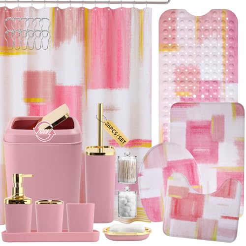 XLHOMO Bathroom Accessories Set - 26PCS Pink Bathroom Set, Bathroom Accessory Set with Shower Curtain and Rugs and Bathtub Mats for Home