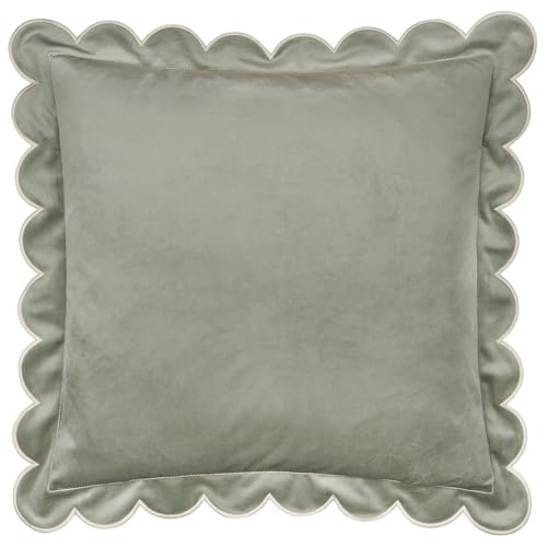furn. Lil Scallop Cushion Cover – Colourful Velvet Piped Scalloped Edge Decorative Case (Green/Natural – 45x45cm)