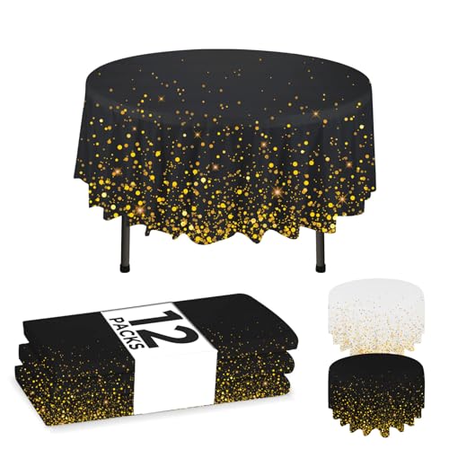 "NORZEE 12-Pack Black Disposable Plastic Tablecloths, 84"" Plastic Table Cloth, Round Table Cover, Round Plastic Tablecloth Disposable Black Gold CONFETY"