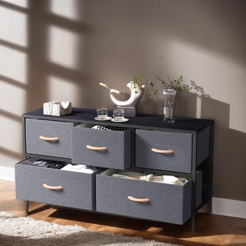 Feonase Chest of Drawers, 5 Fabric Drawer Dresser with Metal Frame & Spacious Top, Storage Organizer Drawers Unit for Bedroom Living Room Closet