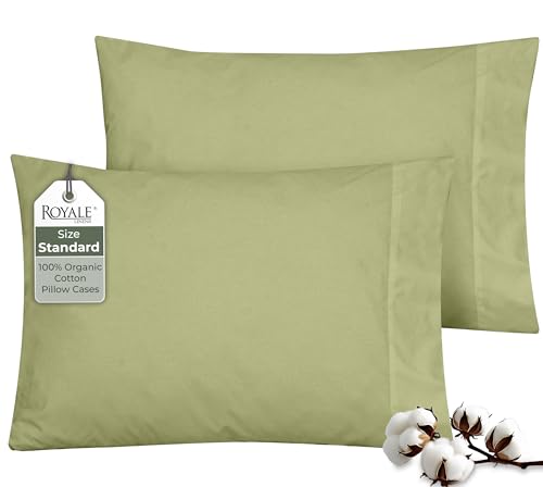 "ROYALE LINEN 100% Organic Cotton Percale Pillowcases Set Of 2 - Standard Size Percale Pillowcase - Standard Set Of 2 Pillow Cover - Breathable, Cool & Crisp Sage Green Pillow Cases (20""x26"",SageGreen)"