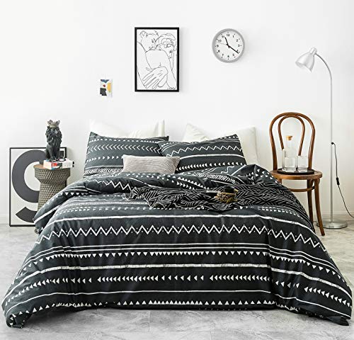 YuHeGuoJi Queen Boho Duvet Cover Set 3 Pcs - 100% Cotton, Dark Grey Aztec Striped, Zipper Ties, 2 Pillow Cases