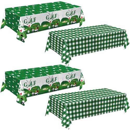 QIYANPAX 4 Pack Golf Party Tablecloths ??? Green Gingham Tablecloth and Golf-Themed Plastic Table Covers Disposable Tablecloths for Birthday Outdoor Party Decorations, 54 ?? 108 Inch