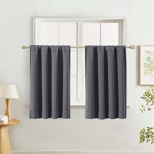 "Lecloud Grey Short Curtains 36 Inch Length 2 Panels, Thermal Insulated Window Kitchen Curtains, Room Darkening Privacy Rod Pocket Curtain Tiers for Bedroom Bathroom Basement, 40"" W x 36"" L"