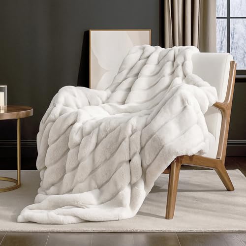 "Cozy Bliss Luxury Super Soft Striped Faux Fur Throw Blanket for Couch, 50""x60"" Beige, Warm Milky Plush Blanket for Sofa Bed Living Room Bedroom (Stripe-Beige)"