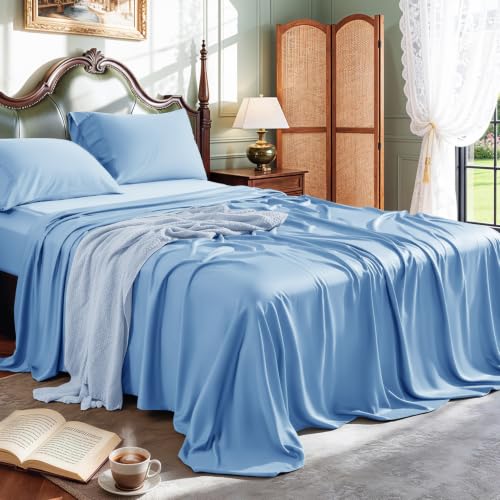 Shilucheng 100% Cooling Bamboo Bedding Sheets Set- Queen Size 1800 Thread Count Soft Bed Sheets,16 Inch Deep Pocket,Breathable,Comfortable and Pilling Resistant -4PC(Queen,Lake Blue)